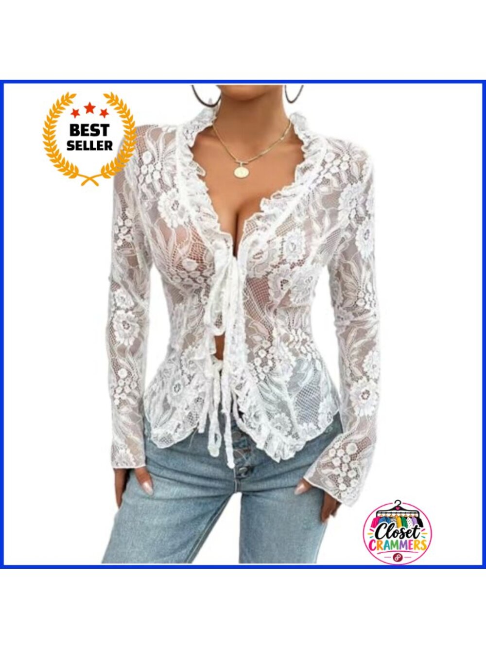 V Neck Sheer Lace Mesh Top Long Sleeve Tie Y2K Going Out Blouse